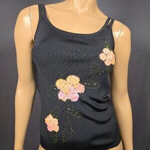 Vintage Floral Sequined Knit Tank Top Black Pink Size M Gothic Fairy Whimsigoth